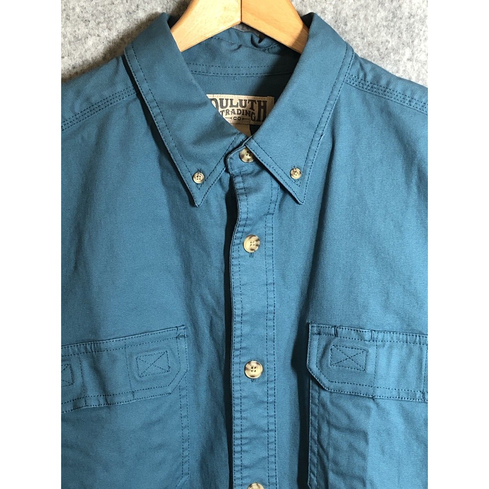 Duluth Shirt Mens Large Blue Canvas Safari Cargo Pockets Utility Surplus